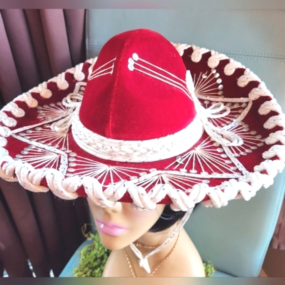 PIGALLE Sombrero RED VELVET Silver Cream Ornate Embroidery Cinco de Mayo HAT 16